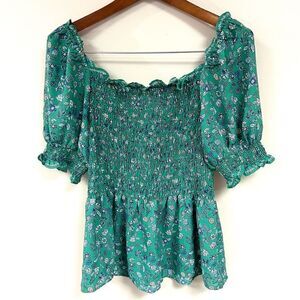 - Max Studio green flowered smocked peasant top size L